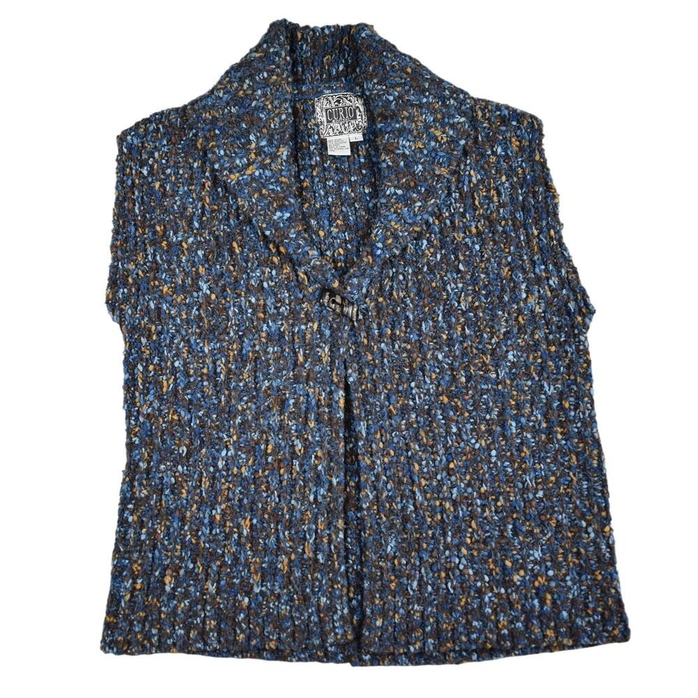 Vintage Curio Sweater Vest Cardigan Women's L Blue Soft Chunky Knit Earthy Boho